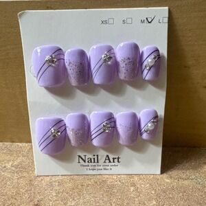 Purple Press On Nails Short Square Nail Art Fake Nails‎ Rhinestone